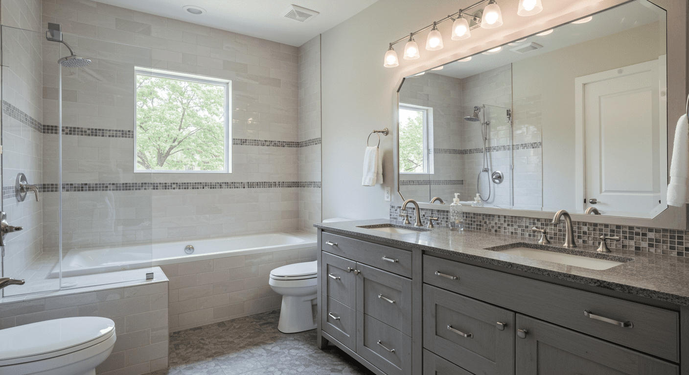 A beautifully remodeled bathroom featuring modern fixtures, a stylish vanity, and elegant tile work.